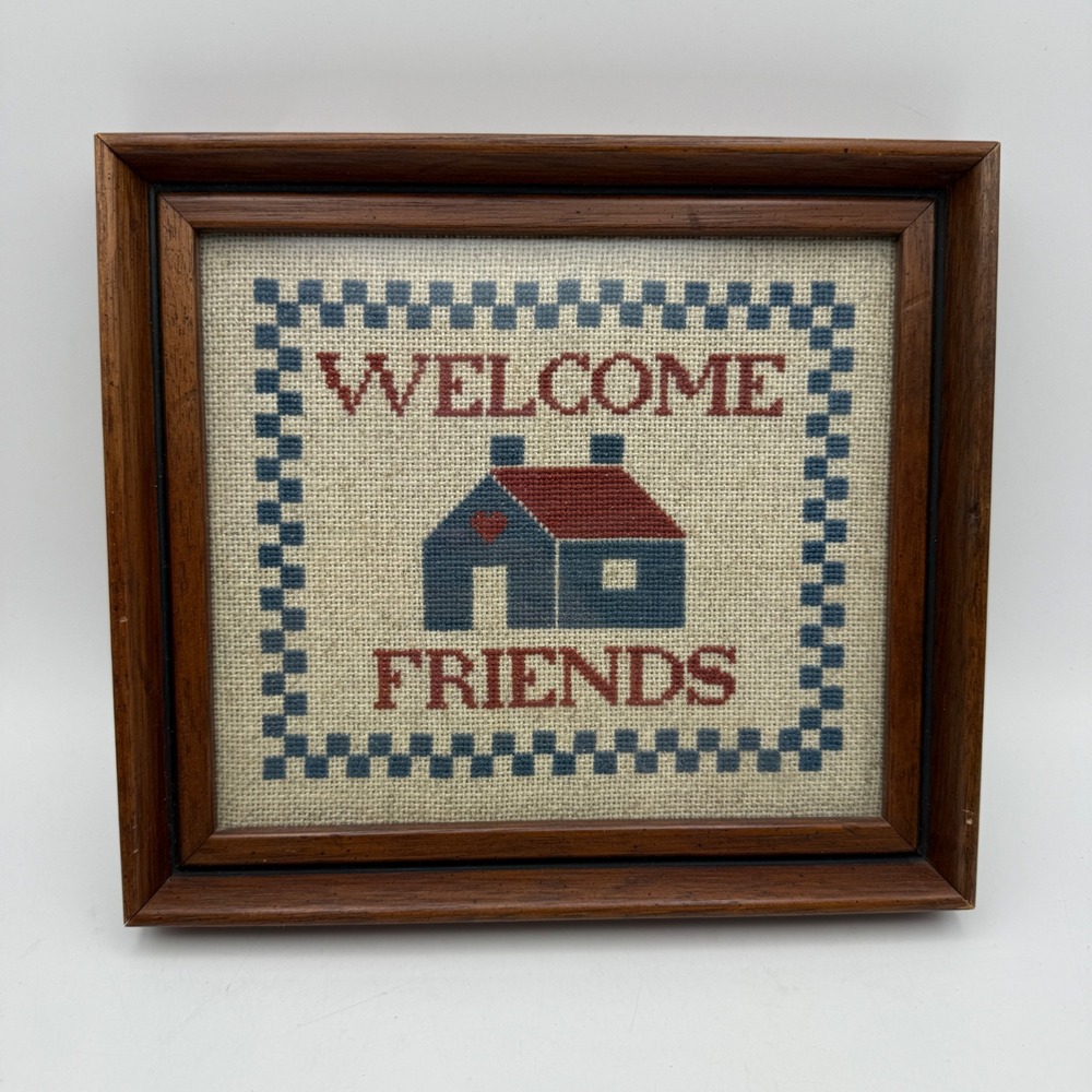 Handmade Cross Stitch Wall Art Brown Welcome Friends Primitive House